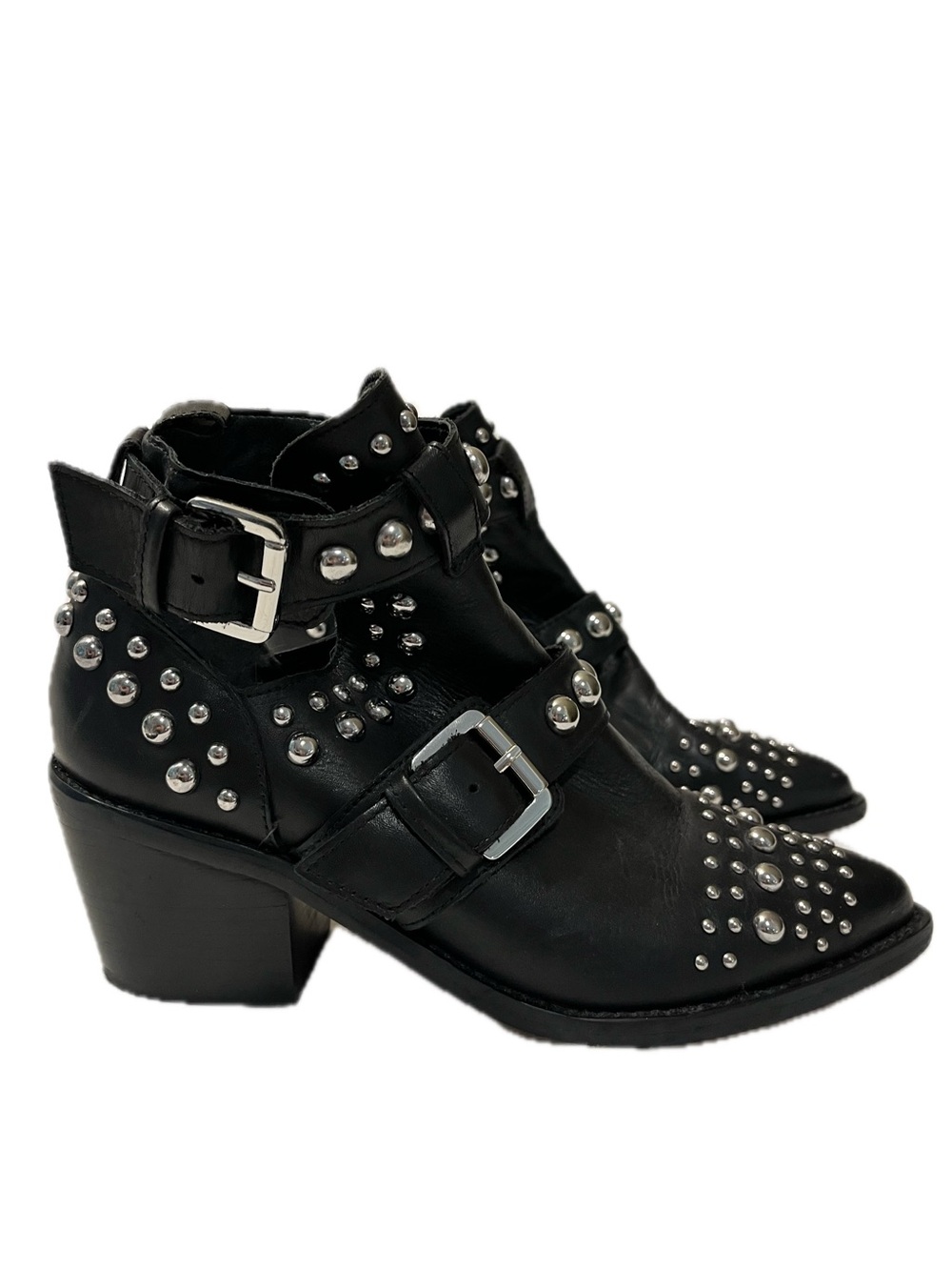 Kurt Geiger Studded Black Leather Pointed Toe Ankle Boots with Buckles Size 37